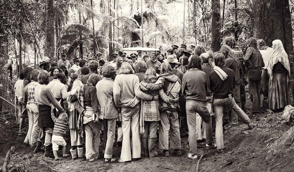 Protestors meet with police at Terania Creek, in what was to become Nightcap National Park, in the early 1980s. Photo: David Kamp &copy; David Kamp
