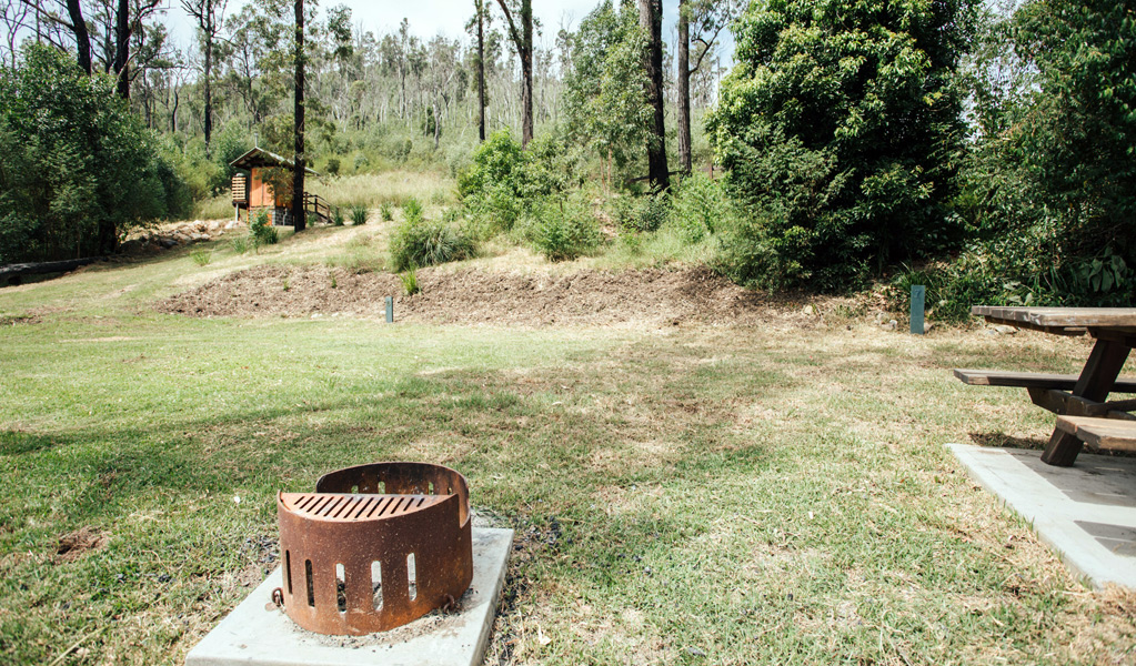 Fire pit and picnic table at The Junction campground, Nymboi-Binderay National Park. Photo: Jay Black, &copy; DCCEEW
