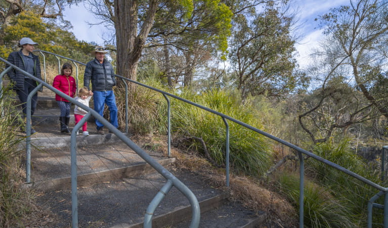 Family walking down stairs Apsley Falls picnic area Oxley Wild Rivers National Park. Photo: John Smith &copy; DPIE
