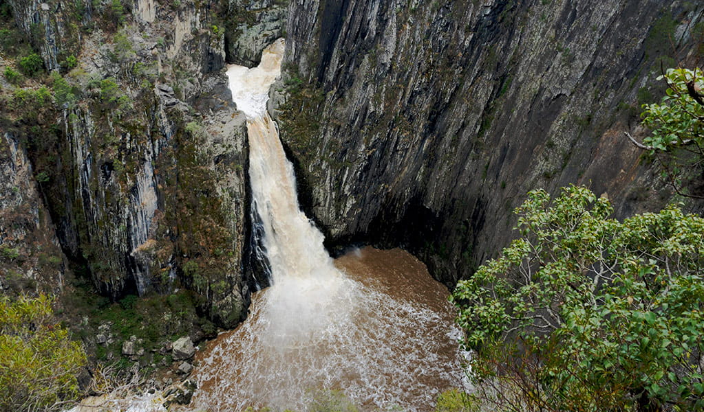 A giant plume of water cascades into a deep chasm in Oxley Wild Rivers National Park. Photo &copy; Leah Pippos