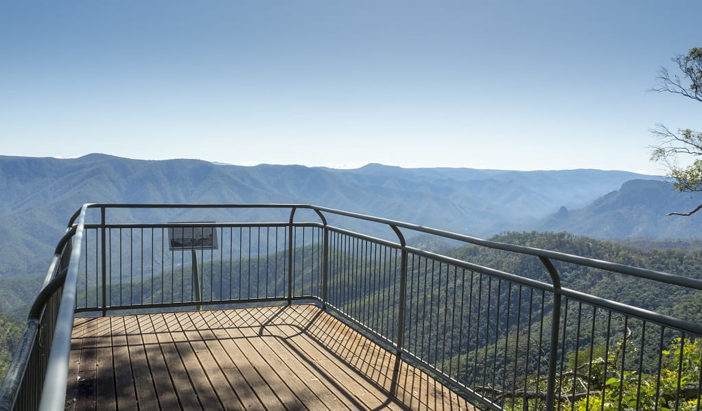 Budds Mare lookout, with a sweeping view across the gorge to Paradise Rocks and mountains, Oxley Wild Rivers National Park. Photo: Leah Pippos &copy; DPE 