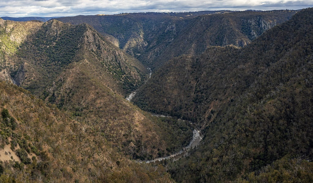View from Edgars lookout, looking over mountains, gorges and the curving Chandler River below, Oxley Wild Rivers National Park. Photo: Josh Smith &copy; DPE