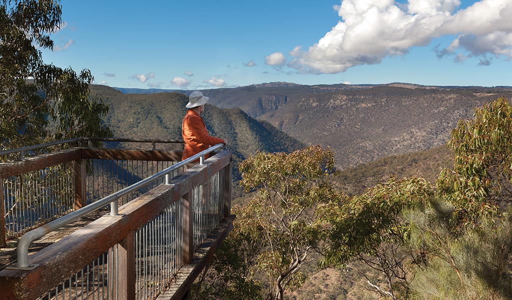View of a man in an orange jacket standing on a wood viewing platform looking over a rugged landscape of gorges and ridges. Photo credit: Rob Cleary &copy; DPIE