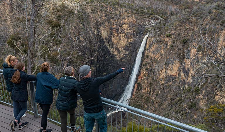 A family looking out over Dangars Falls and Gorge from Dangars Falls View lookout, Oxley Wild Rivers National Park. Photo: Josh Smith &copy; DPE