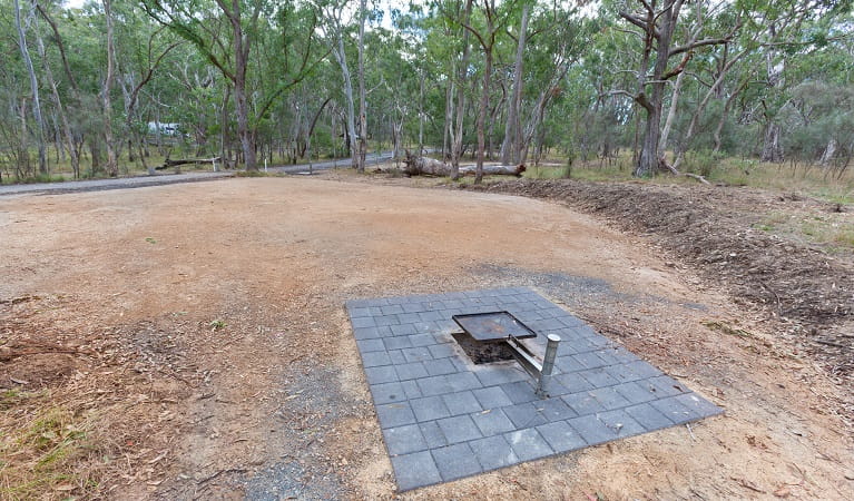 Campsite with an open fire pit with a swivelling BBQ plate over the top, Wollomombi campground, Oxley Wild Rivers National Park. Photo: Robert Cleary &copy; DPE