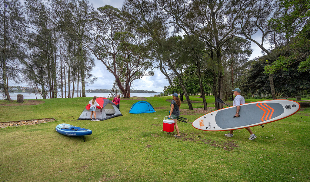 Campers setting up a tent and carrying camping supplies towards their campsite at Bonnie Vale campground in Royal National Park. Credit: John Spencer/DCCEEW © DCCEEW