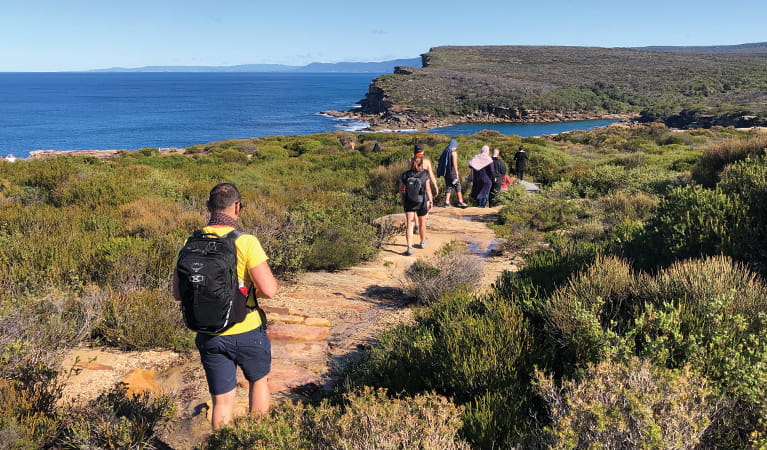 Walkers of different ages and cultures strolling along a sandstone section of track with ocean views in Royal National Park. Photo: Natasha Webb