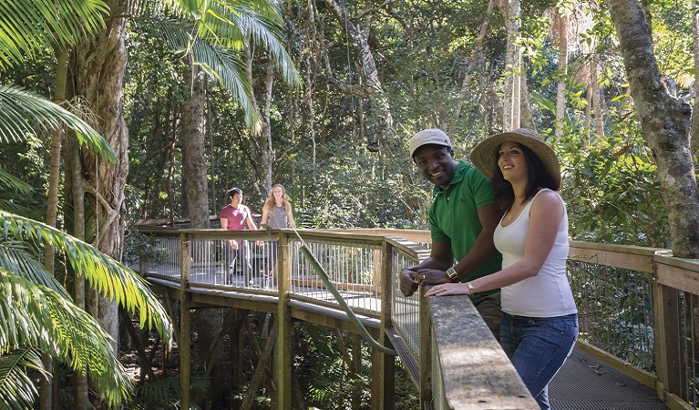 A couple enjoys the Sea Acres Rainforest boardwalk. Photo: John Spencer &copy; OEH