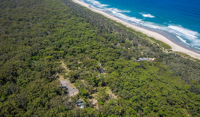 An aerial view of Beach Road picnic area surrounded by bush with the beach close by in Seven Mile Beach National Park. Photo: John Spencer &copy; DPIE