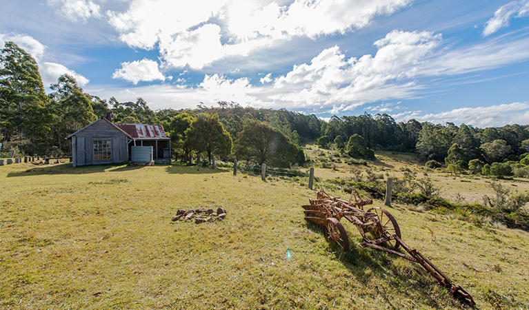 Alexanders Hut with old farm machinery in foreground and forest in background. Photo credit: John Spencer &copy; DPIE