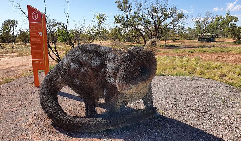 Mesh sculpture of a western quoll at Fort Grey campground. Photo: Jo Pedler &copy; DPE