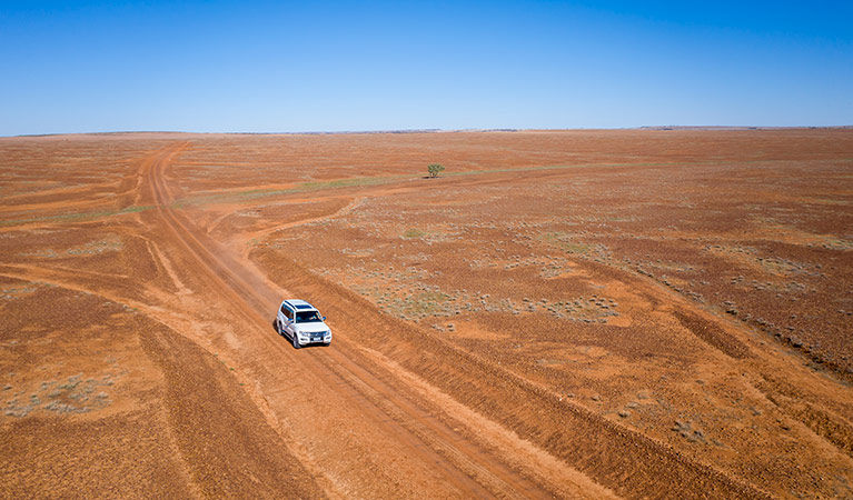 Aerial view of 4WD and red earth on Gorge Loop Road Drive. Photo: John Spencer/DPIE.