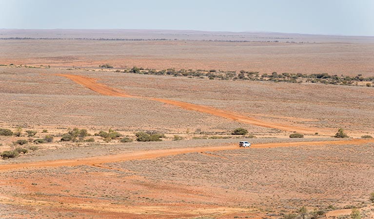 Aerial view of  a 4WD driving along Middle Road Drive in Sturt National Park. Photo: John Spencer/DPIE