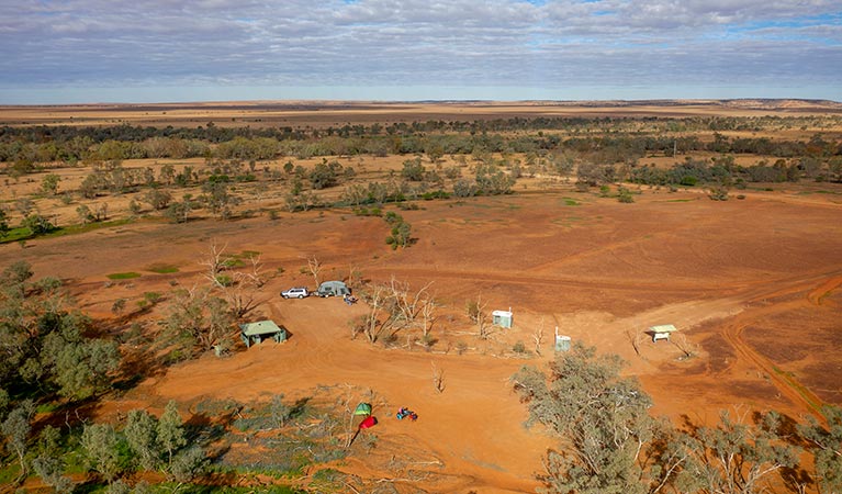 Aerial view of people camping at Mount Wood campground. Photo: John Spencer/DPIE