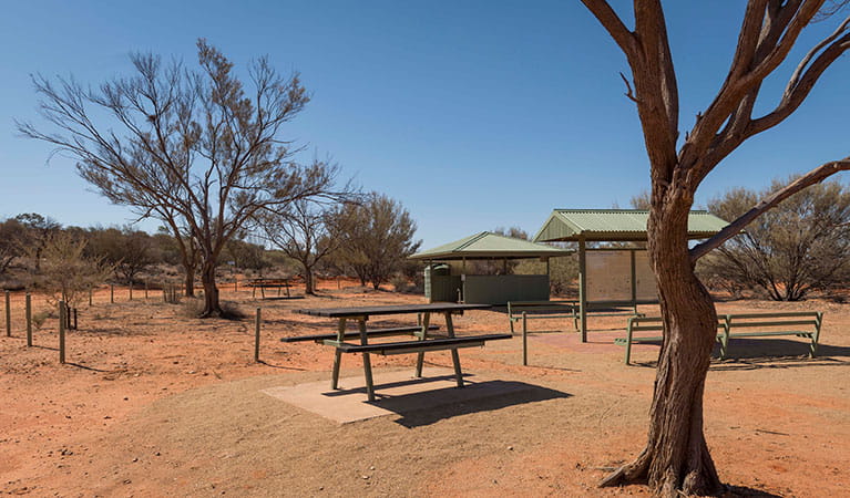 A picnic table, information sign and barbecue shelter at Olive Downs campground in Sturt National Park. Photo: John Spencer/DPIE