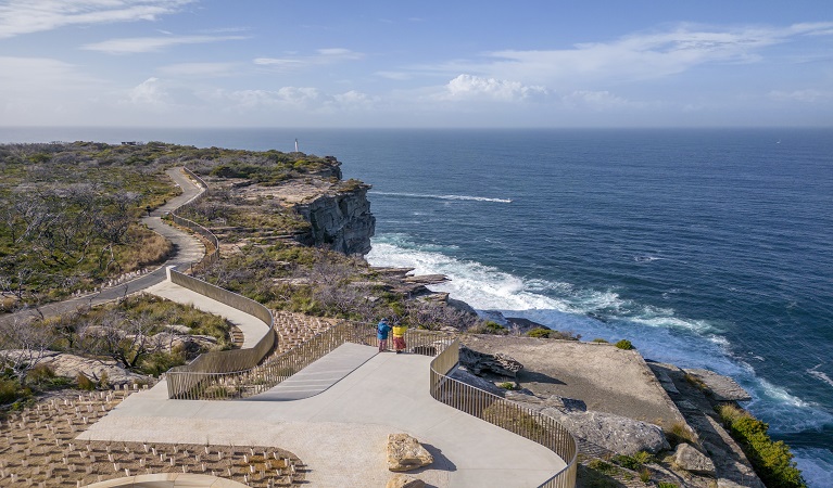 Aerial view of visitors enjoying harbour views from Burragula lookout, Sydney Harbour National Park. Photo: John Spencer &copy; DPE