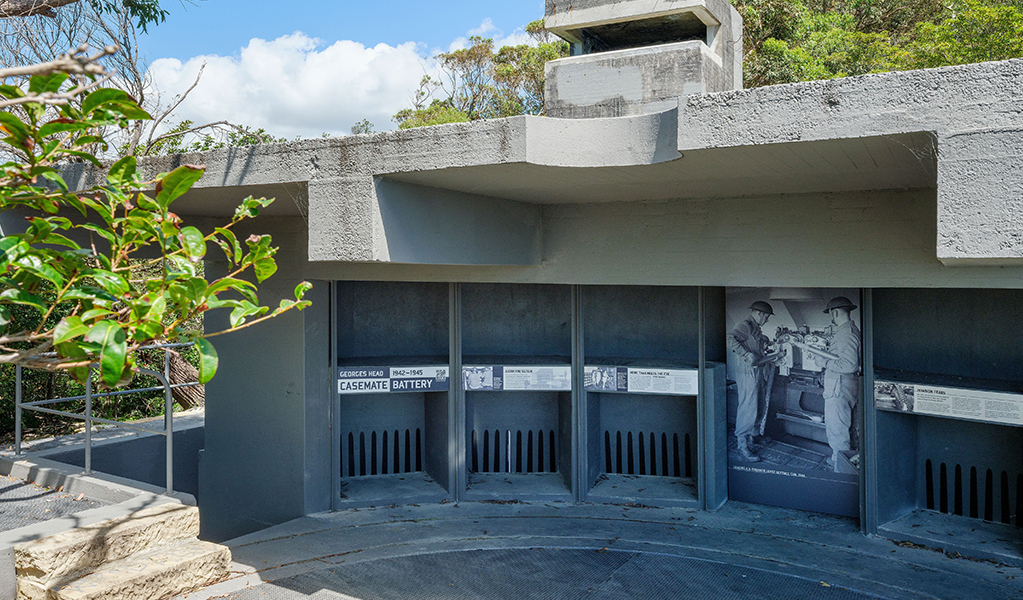 There's plenty to learn when you visit the Georges Head gun emplacement, seen here with the observation tower in background. Credit: Simon Wood &copy; DCCEEW