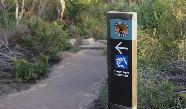 Signposts point the way to Grotto Point Aboriginal engravings off Manly scenic walkway. Photo: OEH/Natasha Webb