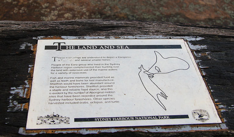 Sign with pictures explaining the meaning of Aboriginal engravings at Grotto Point. Photo: OEH/Natasha Webb