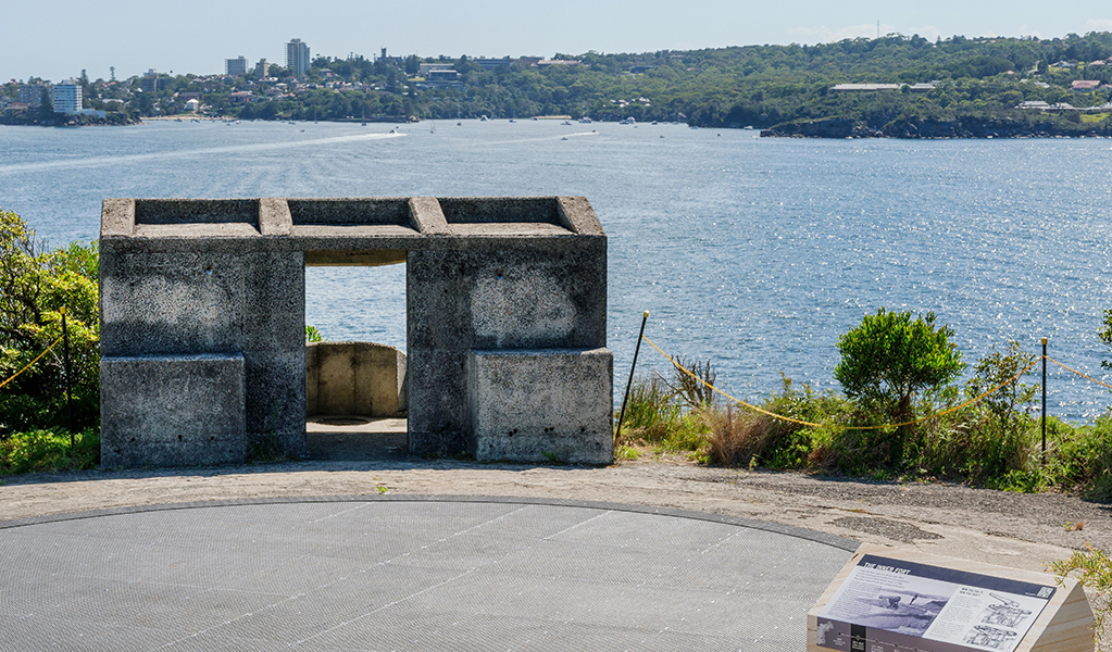 Inner Fort structures against a backdrop of the harbour at Middle Head in Sydney Harbour National Park. Photo: Simon Wood &copy; DCCEEW