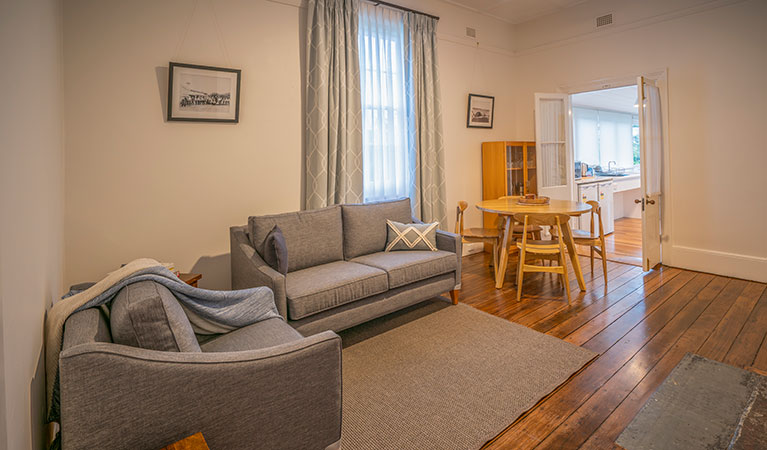 The lounge and dining room in Middle Head Officers Quarters, Sydney Harbour National Park. Photo: John Spencer/DPIE