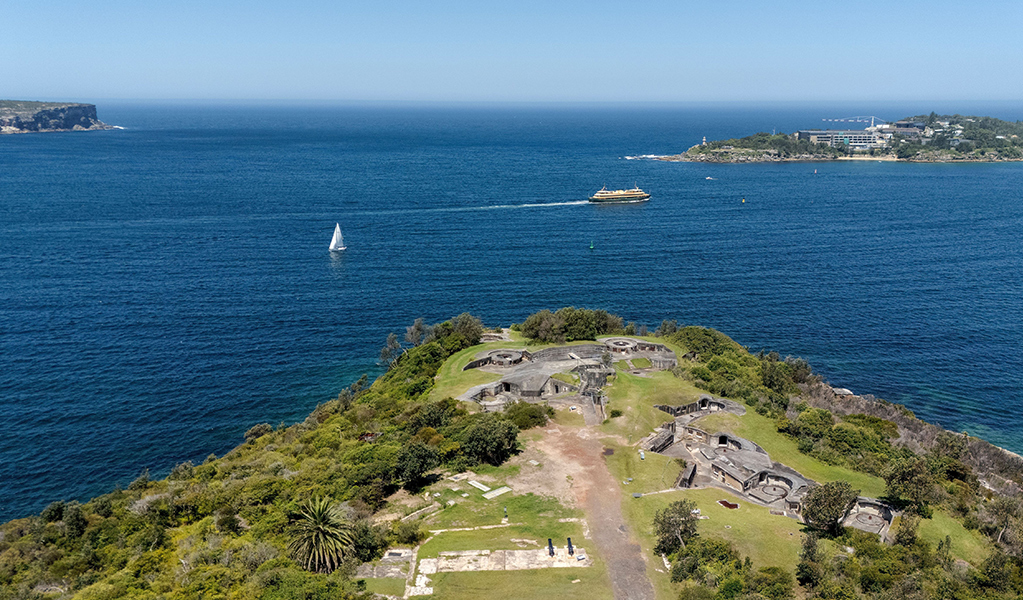 Aerial view over Outer Middle Head Fort looking past Sydney's North and South Head. Credit: Simon Wood &copy; DCCEEW
