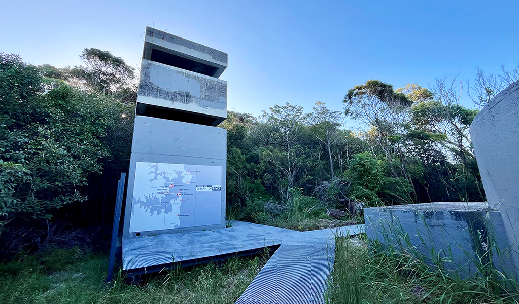 Observation tower with map and signage at Georges Head in Sydney Harbour National Park. Credit: Natasha Webb &copy; DCCEEW/Natasha Webb
