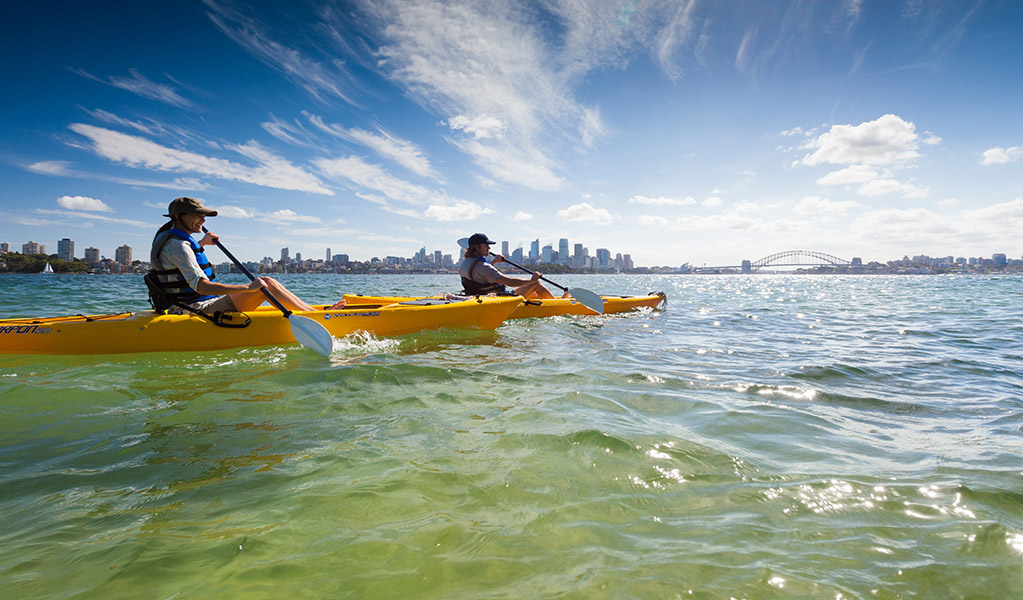 People paddling their kayaks off Bradleys Head, Sydney. Credit: David Finnegan/DCCEEW &copy; DCCEEW