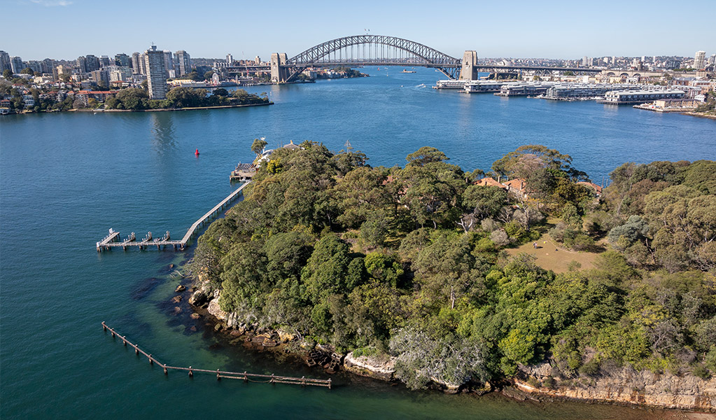 Me-Mel (Goat Island) with the Sydney Harbour Bridge in the distance. Credit: John Spencer &copy; DCCEEW