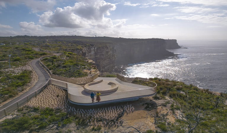 Aerial view of Yiningma lookout and Bluefish Point, North Head, Sydney Harbour National Park. Photo: John Spencer &copy; DPE