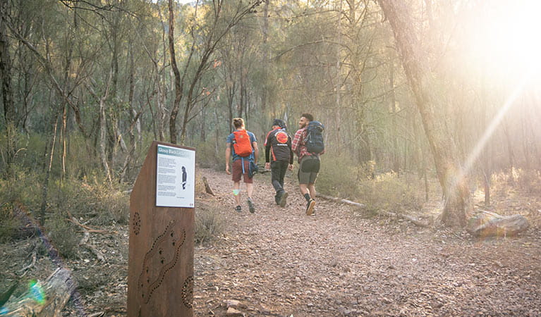 Three men walk past a sign along a woodland track in The Rock Nature Reserve - Kengal Aboriginal Place. Photo: Robert Mulally/DPIE