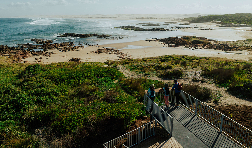 Aerial photo showing people on the boardwalk at Birubi Point Aboriginal Place and the cultural artwork by Worimi man, Gerard Black. Credit: Daniel Parsons &copy; Daniel Parsons