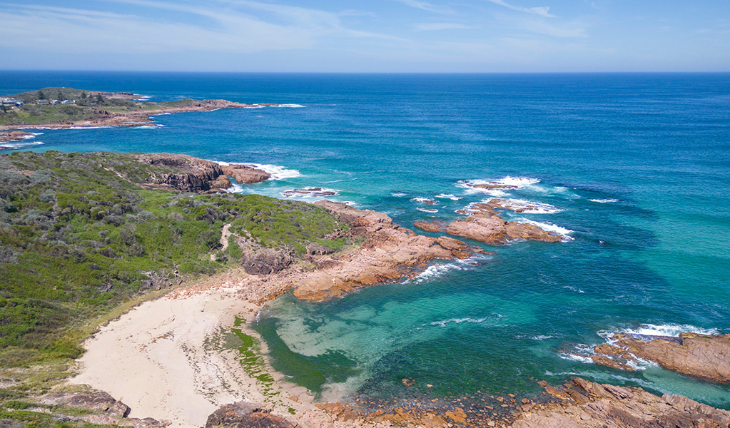 Aerial photo of Kingsley Beach on Tomaree Coastal Walk. Credit: John Spencer &copy; DPE