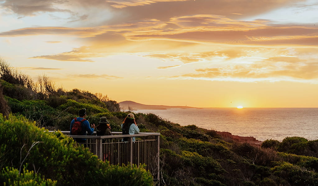 Walkers admire the view at sunset over the ocean from Slot canyon lookout on Tomeree Coastal Walk. Credit: Remy Brand &copy; Remy Brand