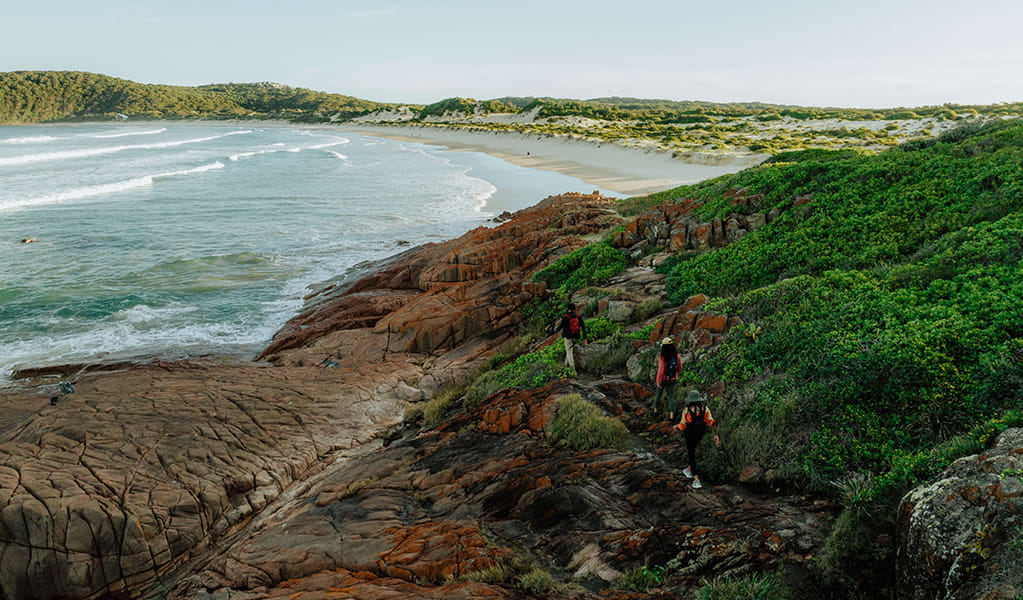 Aerial photo of walkers approaching Middle Rock which leads to the holiday parks at One Mile Beach. Credit: Daniel Parsons © Daniel Parsons