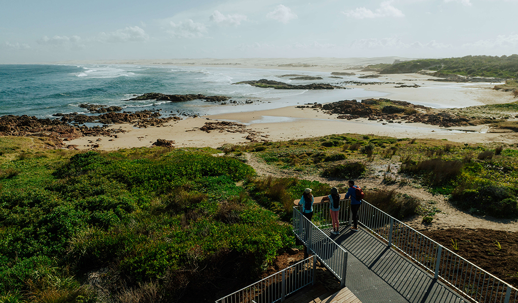 Aerial photo showing people on the boardwalk at Birubi Point Aboriginal Place looking to Worimi Conservation Lands. Credit: Daniel Parsons &copy; Daniel Parsons