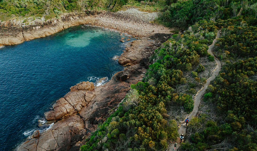 Aerial photo of a rocky bay and the Tomaree Coastal Walk track weaving around the shore as it nears the village of Boat Harbour. Credit: Daniel Parsons &copy; Daniel Parsons