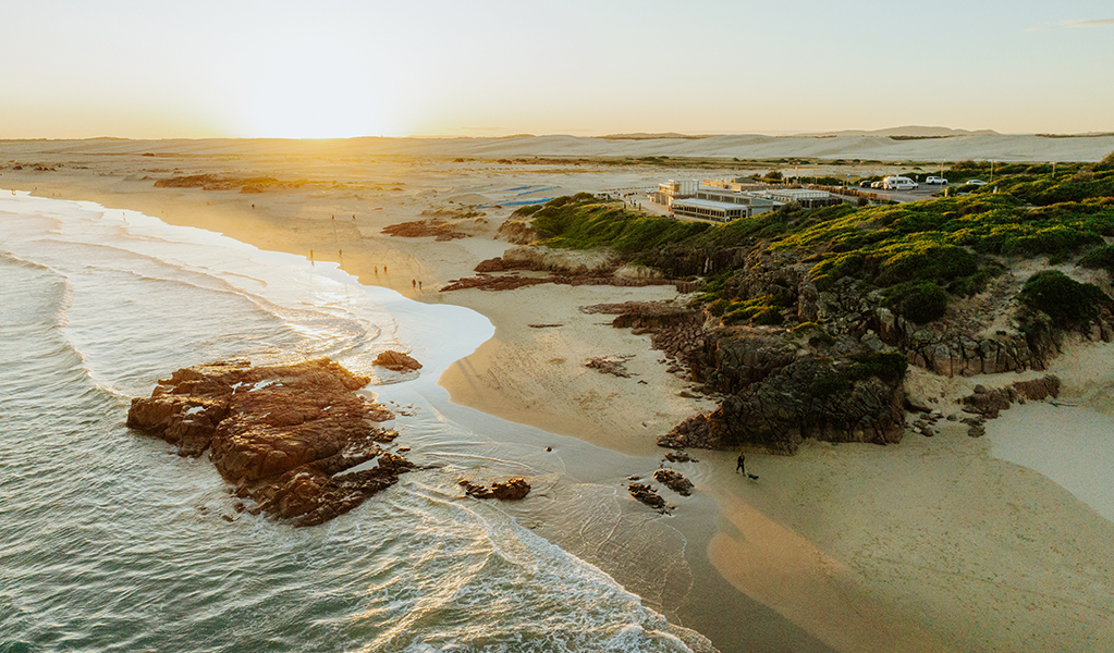 Aerial photo of Birubi Point and the sand dunes of Worimi Conservation Lands at sunset. Credit: Daniel Parsons &copy; Daniel Parsons