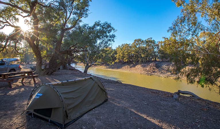 A swag-style tent at Darling River campground, Toorale National Park. Photo: Joshua Smith/OEH.