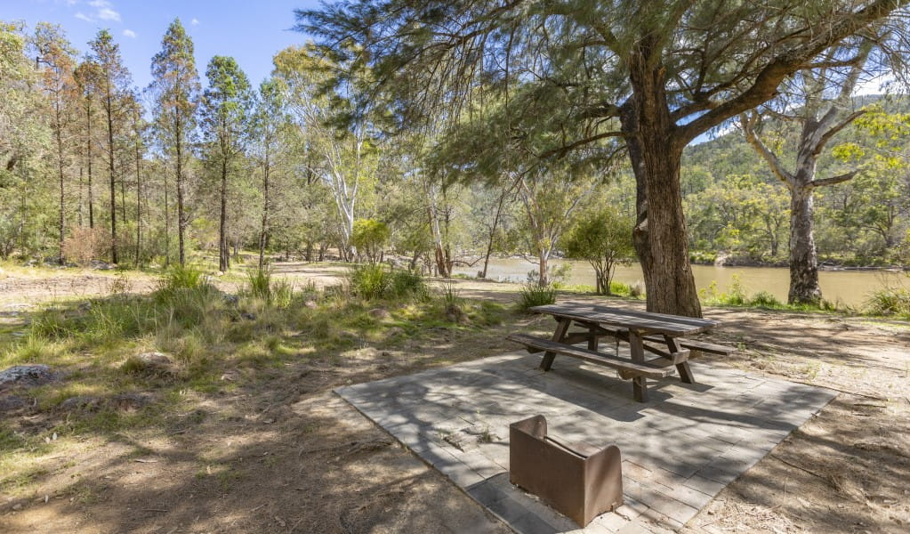 A picnic table and wood barbecue surrounded by trees at Gum Hole campground and picnic area in Warrabah National Park. Photo: Joshua Smith &copy; DPE