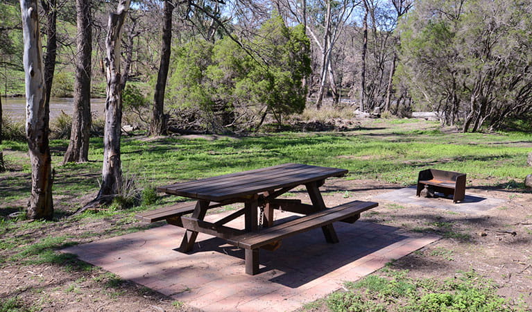 A picnic table and wood barbecue next to trees at Warrabah campground and picnic area  in Warrabah National Park. Photo: Peter Berney &copy; DPIE