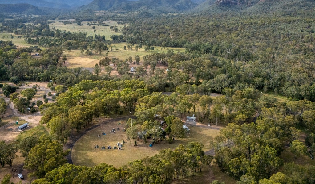 An aerial view of Camp Walaay group campground in Warrumbungle National Park. Photo: John Spencer &copy; DCCEEW