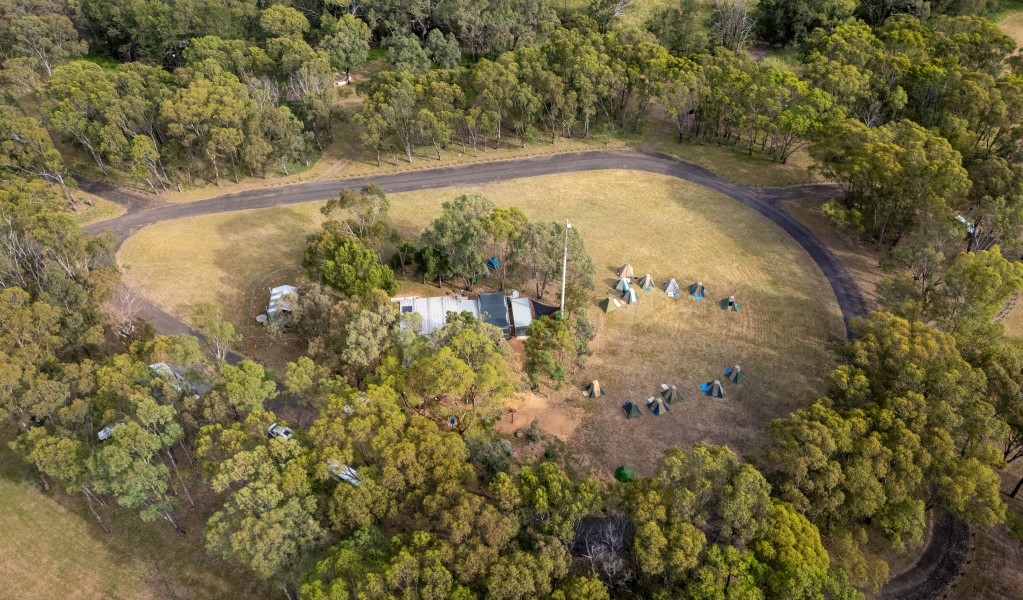 An aerial view of Camp Walaay group campground in Warrumbungle National Park. Photo: John Spencer &copy; DCCEEW