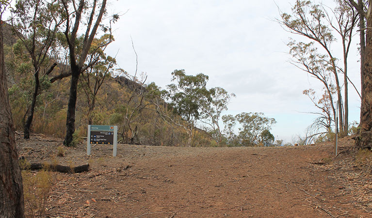 View of park signage and a wide walking path at Danu camp, set in rugged hilly landscape of trees and rock formations. Photo: Blake McCarthy &copy; DPIE