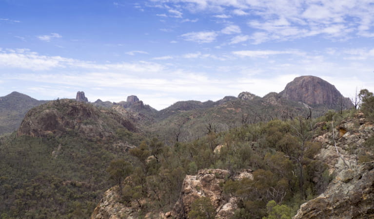 Sweeping view of volcanic peaks and spires from Fans Horizon lookout on Balgatan Mountain, in Warrumbungle National Park. Photo: Leah Pippos &copy; DPIE