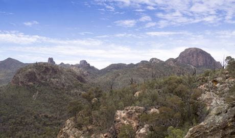 Sweeping view of volcanic peaks and spires from Fans Horizon lookout on Balgatan Mountain, in Warrumbungle National Park. Photo: Leah Pippos &copy; DPIE