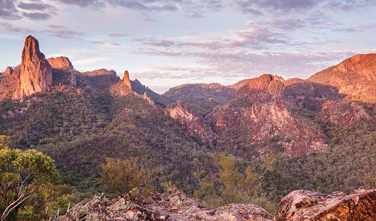 The Breadknife and HighTops at sunset, Warrumbungle National Park. Photo: Copyright Simone Cottrell