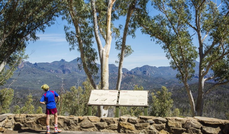 A child next to the interpretive signage at Whitegum lookout in Warrumbungle National Park. Photo: Simone Cottrell &copy; OEH