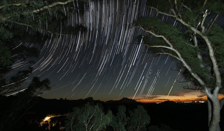Star trails across the night sky at Whitegum lookout, Warrumbungle National Park. Photo: Colin Whelan.