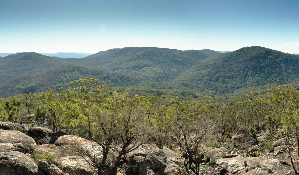 View over a rugged, rocky landscape to forest-clad hills and mountains stretching into the distance. Photo credit: Leah Pippos &copy; DPIE